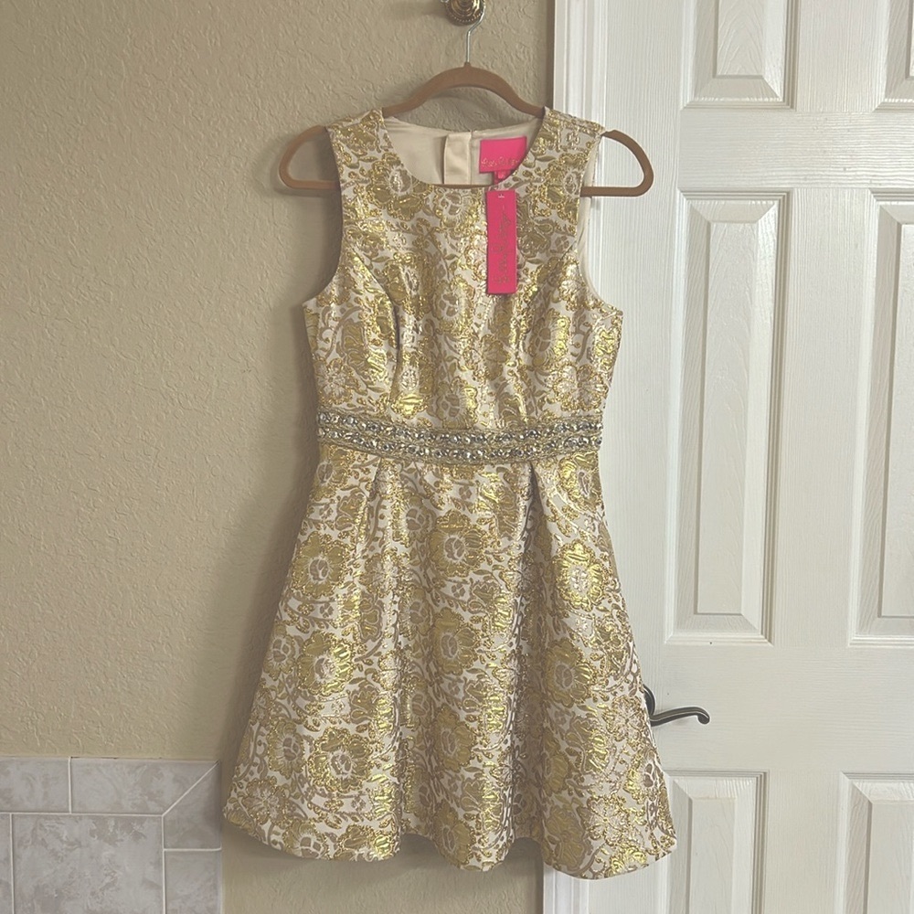 NWT Lilly Pulitzer Gold Beaded Cocktail Dress, Size 4